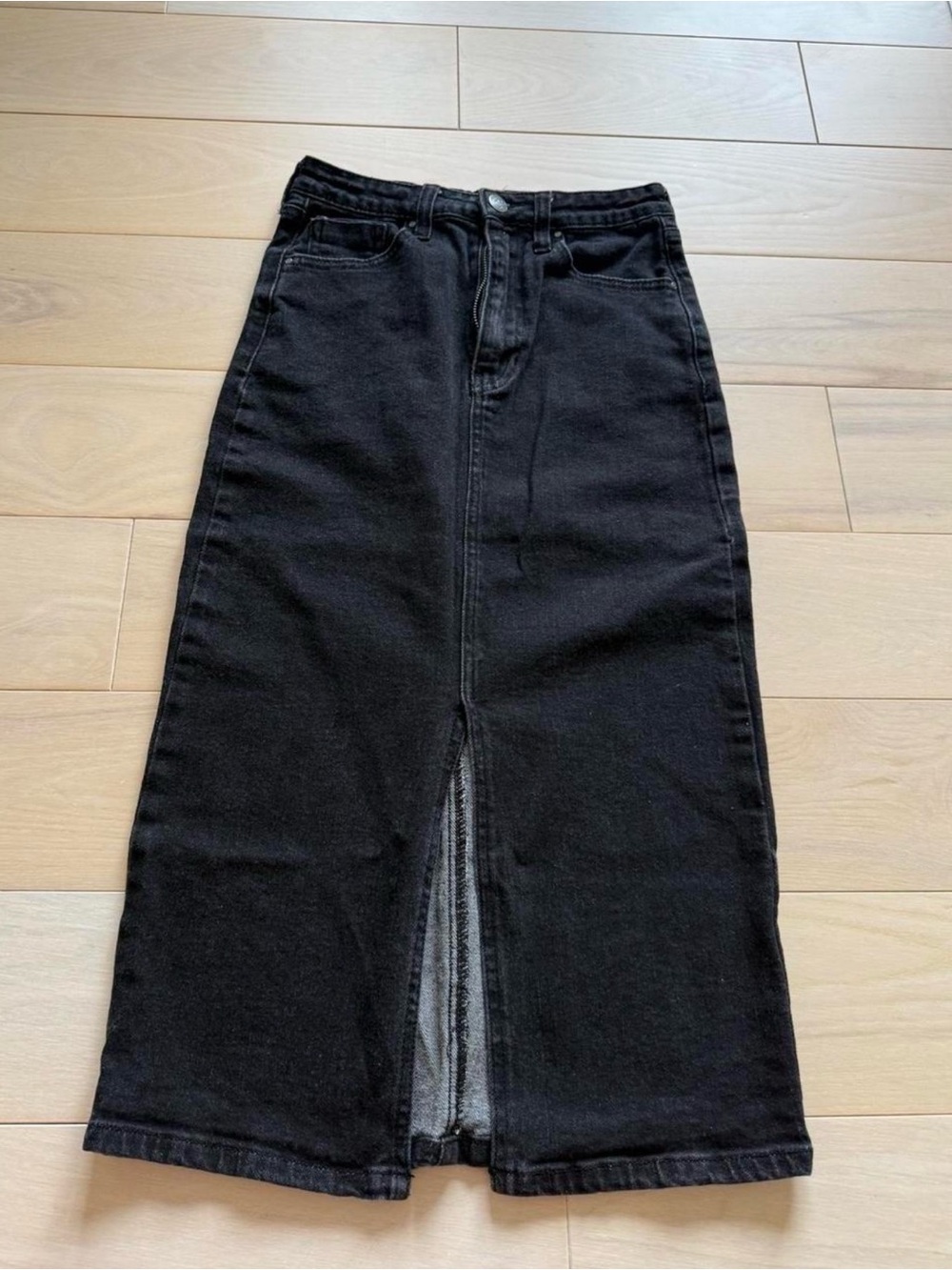 Treasure & Bond Black Denim Midi Skirt with Front Button